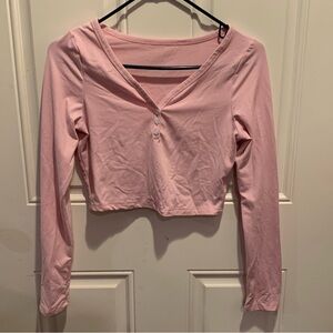 SHEIN Cream Pink Half Placket Long Sleeve Fitted Crop Top Blouse Button Front